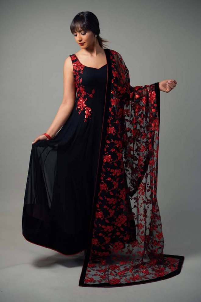 black velvet dress with red floral embroidery