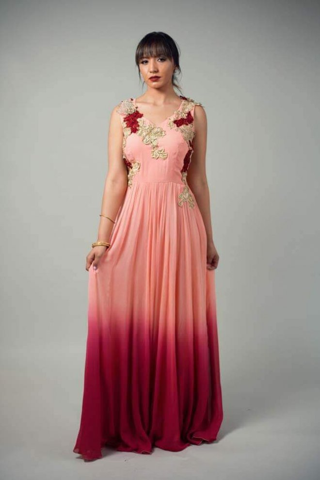 peach and pink floral gown