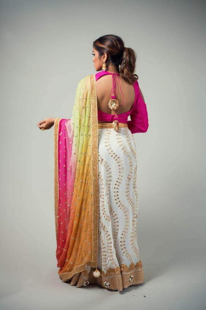 pink, gold, and white lengha