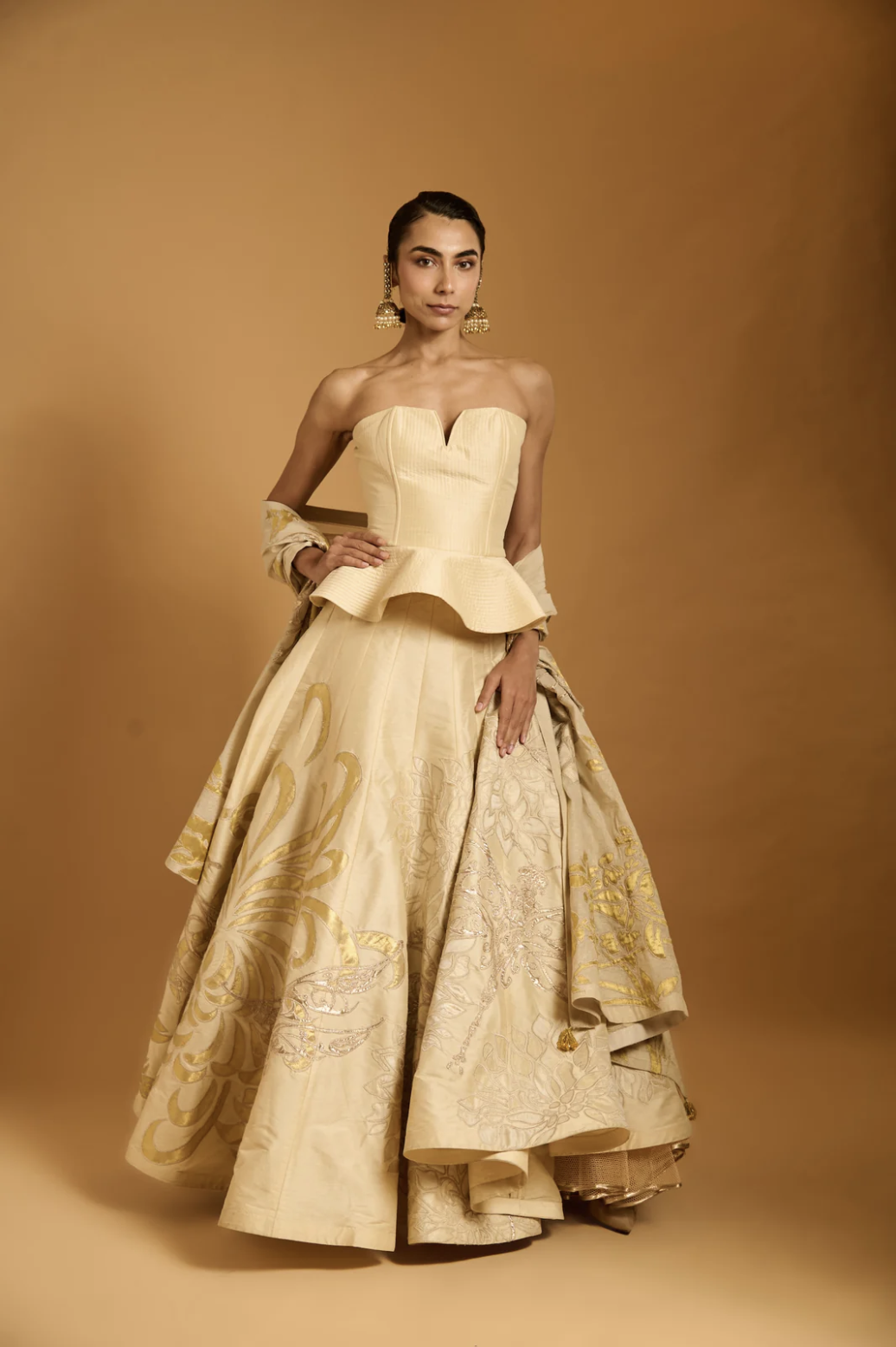 Trifecta cream-gold chevron lehenga